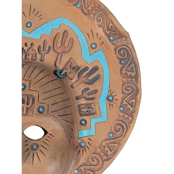 Handcrafted Terracotta Wall Mask Tribal Cactus Design Blue Accents - Picture 4 of 13